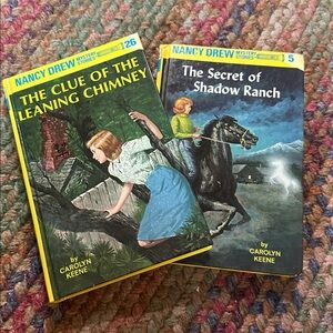 Nancy Drew #26 & 5 Clue of the Leaning Chimney & Shadow Ranch hardcover books‎